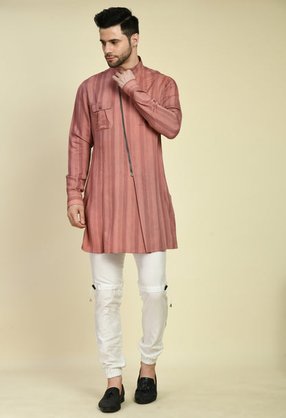 Men’s Nehru Jacket – Silk Jaquard in Pink with Assymetric Zipper Front | One Man Show