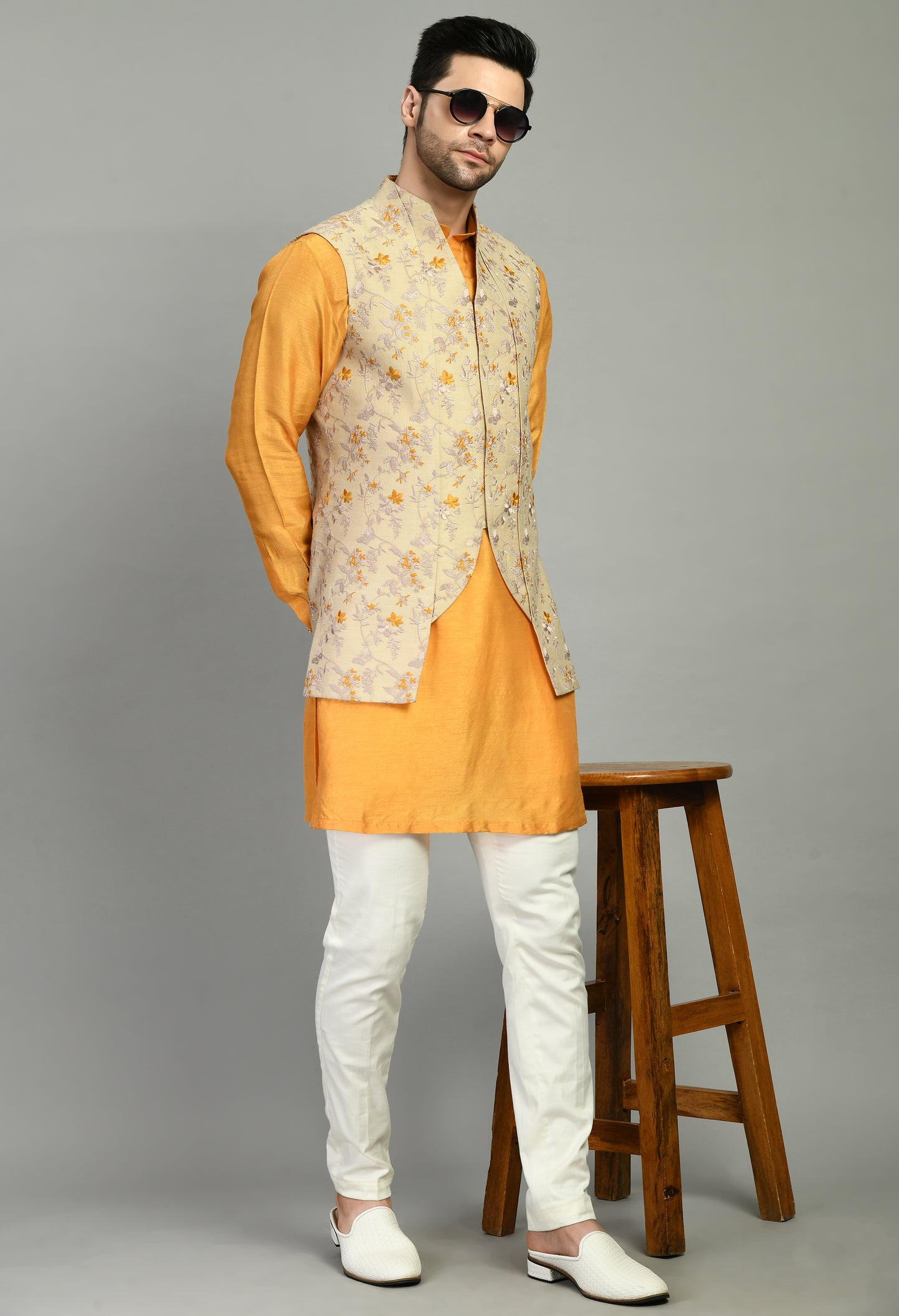 Detail view 1 - Men’s Nehru Jacket – Silk Moga in Yellow with Silk Thread Floral Embroidery