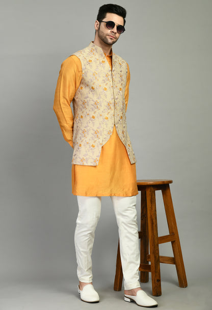 Men’s Nehru Jacket – Silk Moga in Yellow with Silk Thread Floral Embroidery | One Man Show
