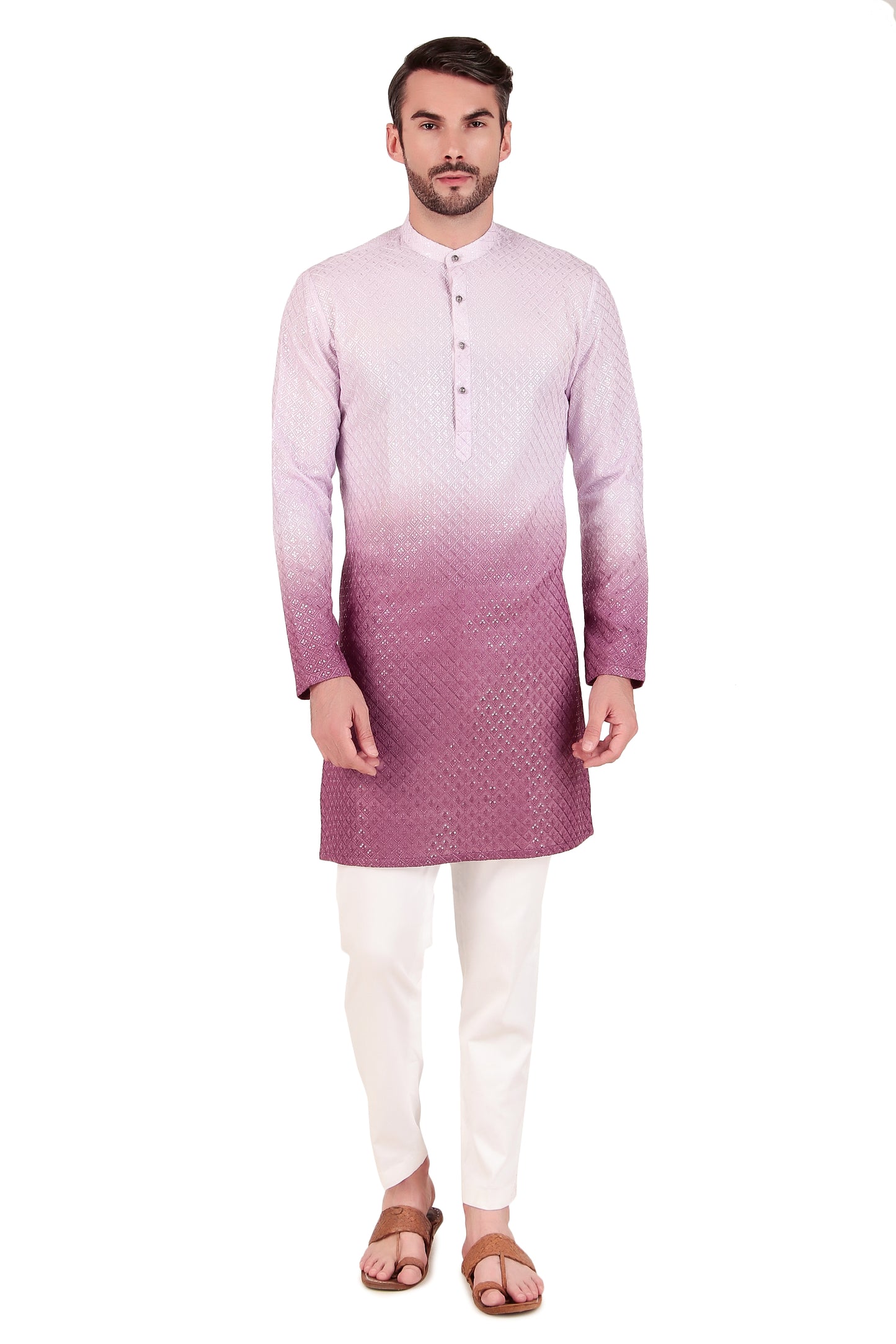 Side view - Men’s Kurta Set – Silk Georgette Embroidery in Pink with Ombre Dye