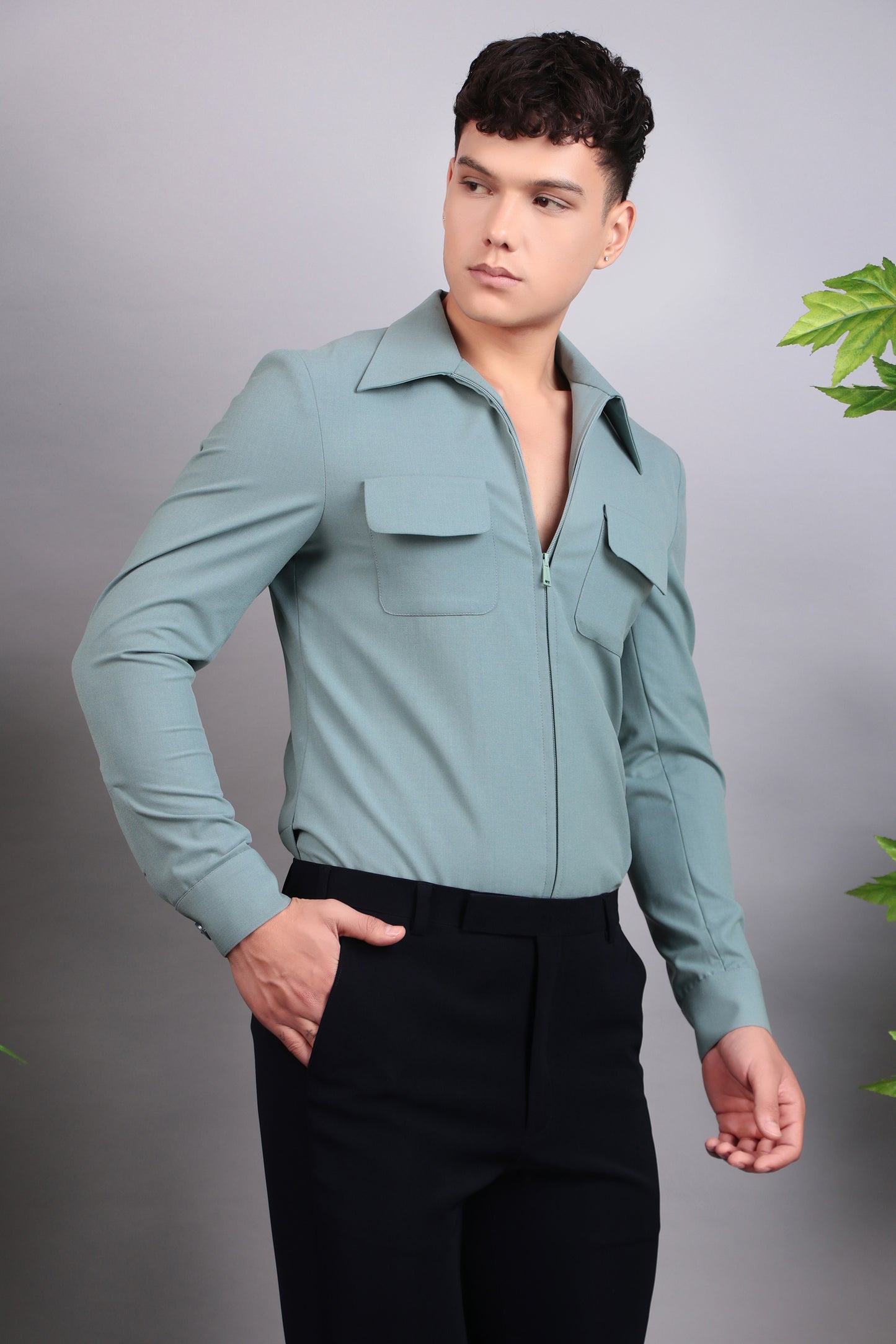 Detail view 1 - Men’s Suit – Suiting Lycra in Green with Hunter Shirt and Hand Stitchwork