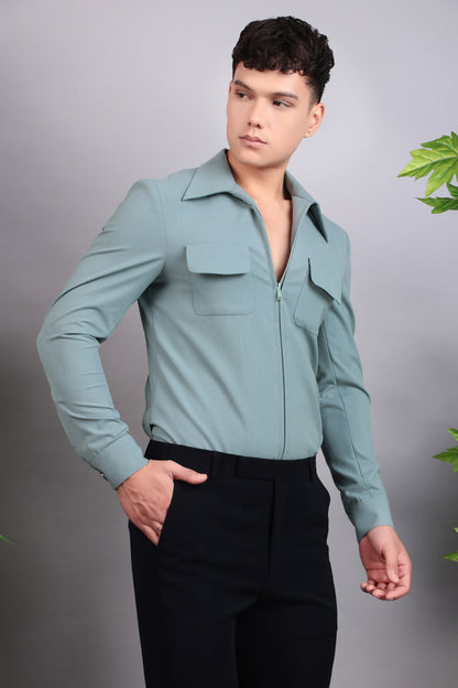 Men’s Suit – Suiting Lycra in Green with Hunter Shirt and Hand Stitchwork | One Man Show