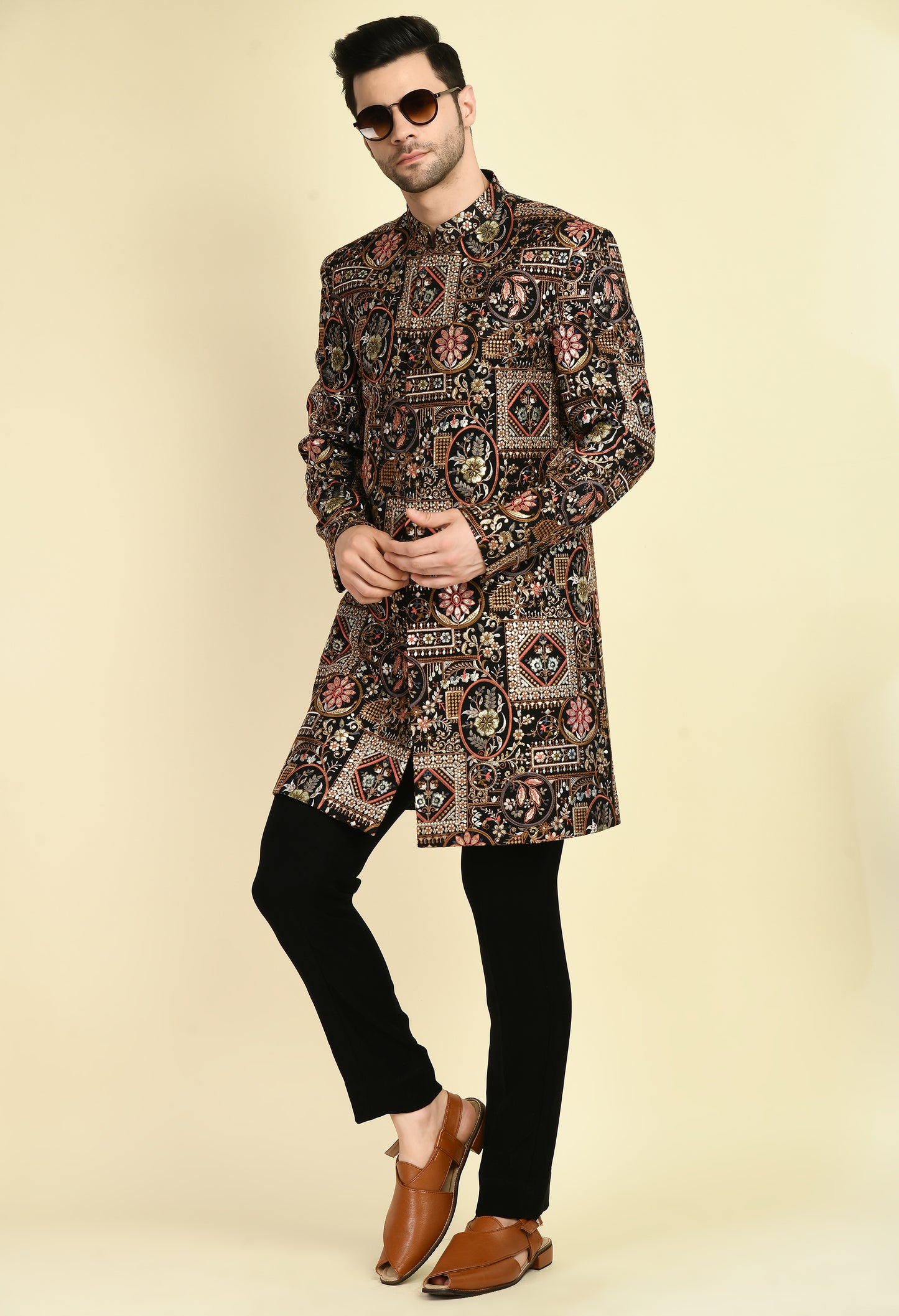 Detail view 2 - Men’s Indo-Western – Silk Georgette in Multi Color with Abstract Silk Thread Embroidery