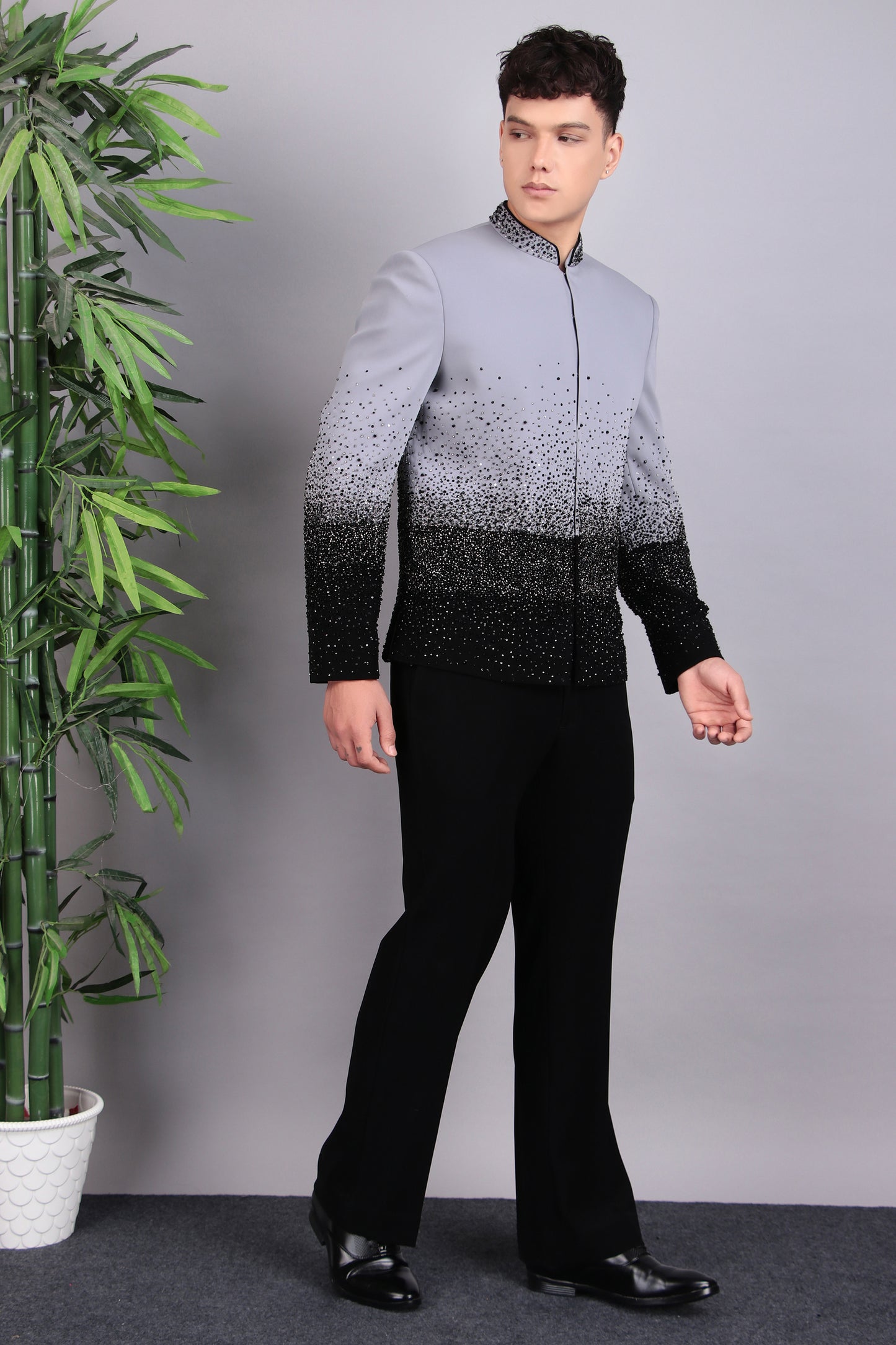 Back view - Men’s Bandhgala – Japanese Lycra in Grey with Ombre Style Embroidery