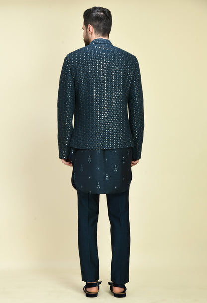 Men’s Nehru Jacket – Silk Georgette in Teal Blue with Silk Thread and Mirrorwork Embroidery | One Man Show