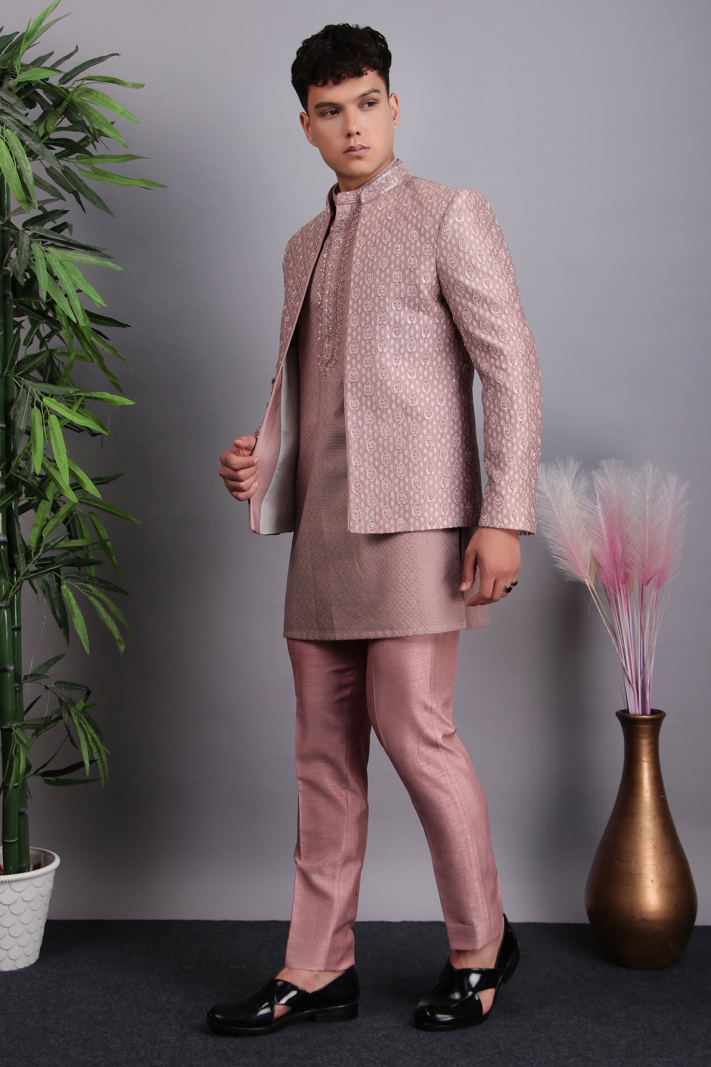 Front view - Men’s Indo-Western – Silk Embroidered Fabric in Pink with Floral Hand Embroidery