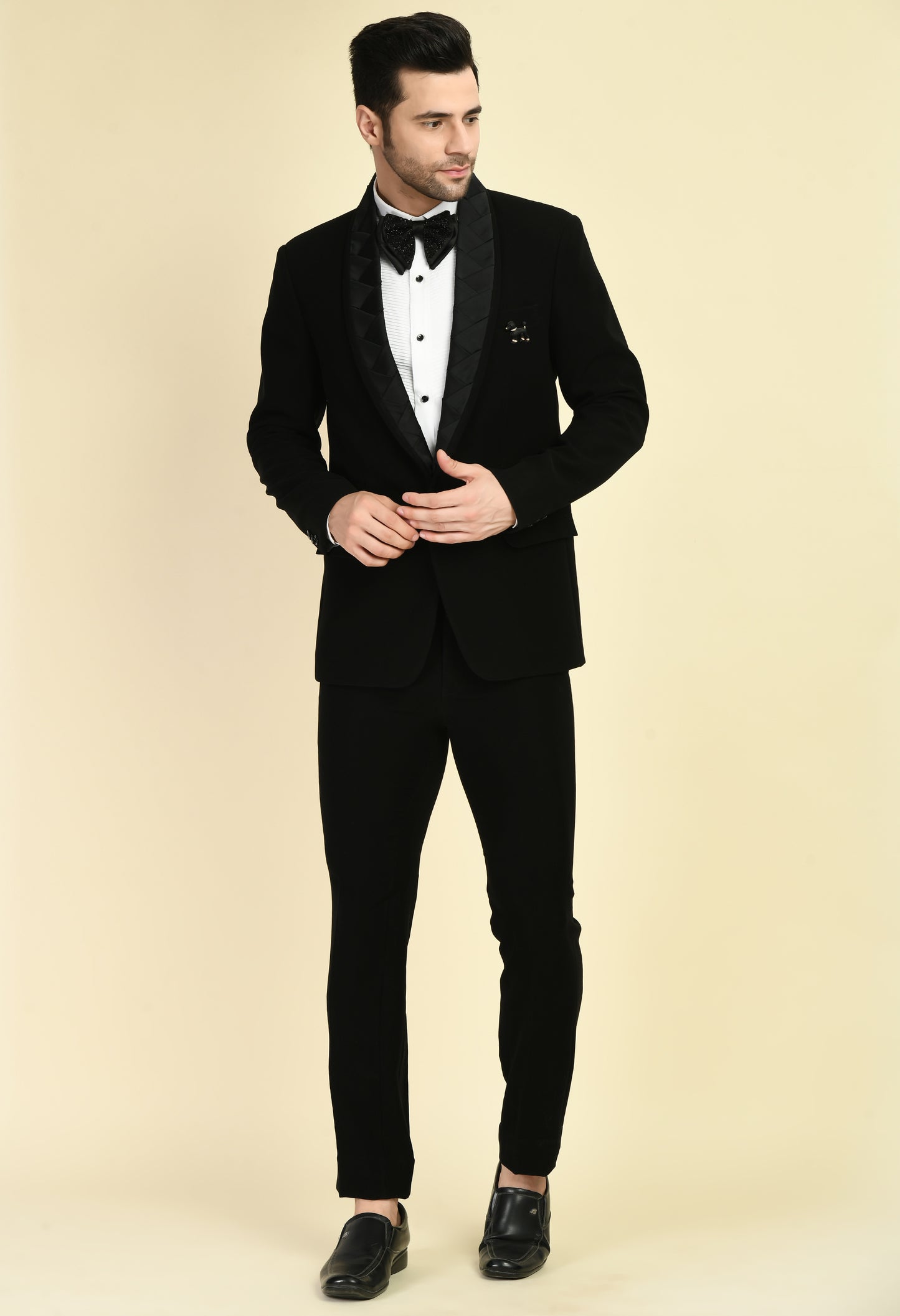 Side view - Men’s Tuxedo – Japanese Lycra in Black with Woven Satin Strips Design