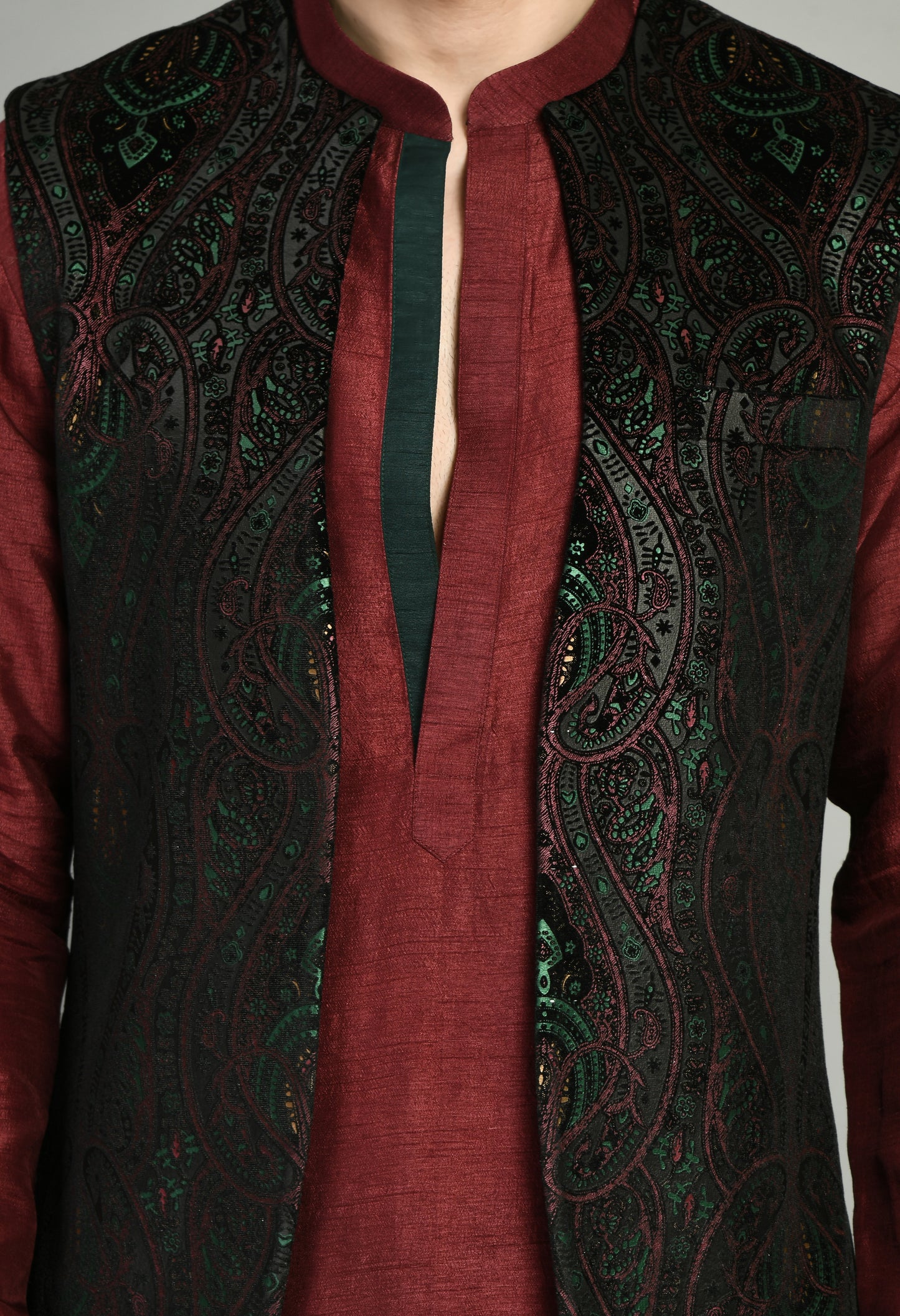 Detail view 2 - Men’s Nehru Jacket – Velvet Printed in Maroon with Front Open Design