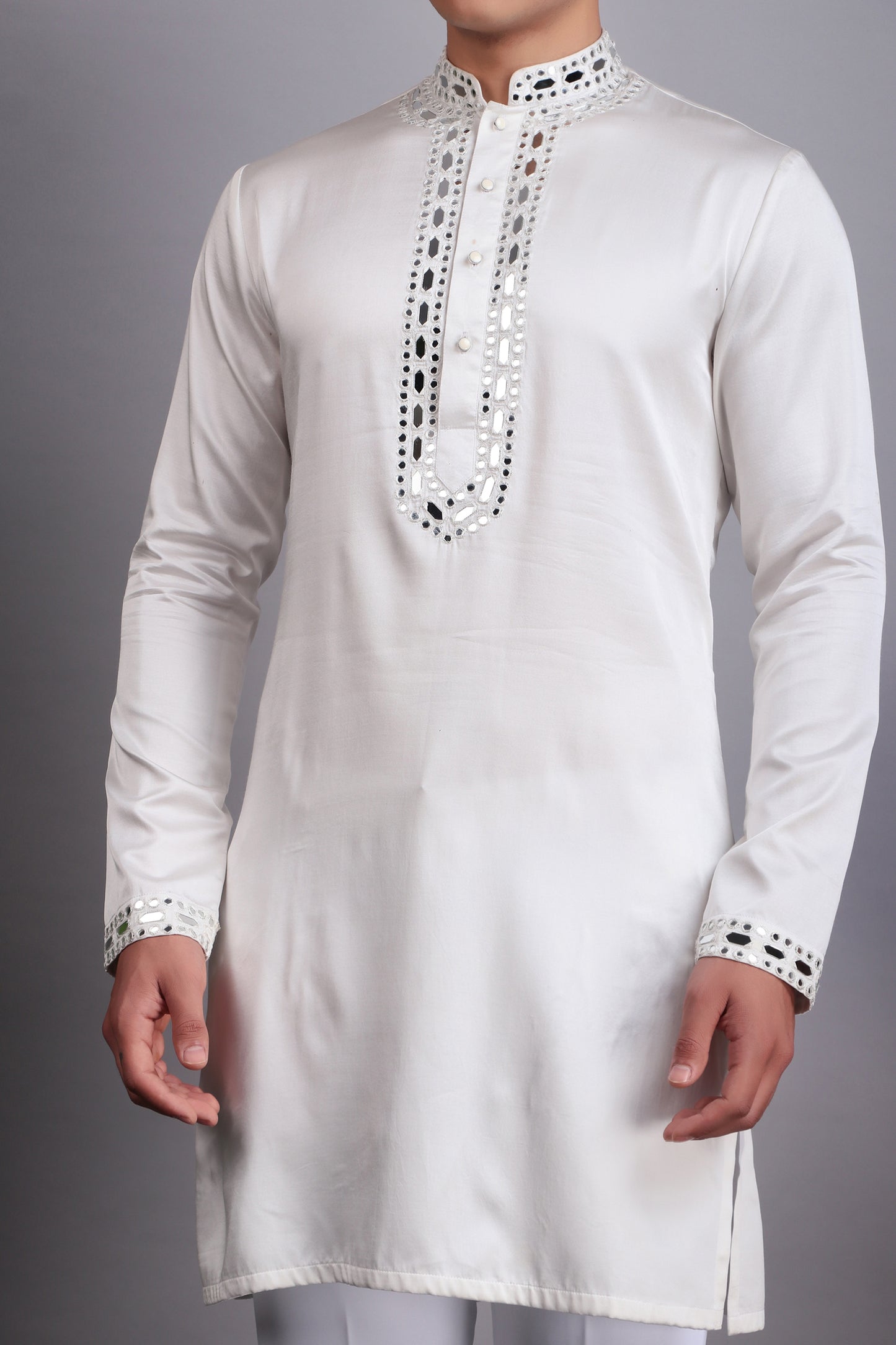 Detail view 3 - Men’s Kurta Set – Modal Satin in Blue with Tie and Dye & Silk Thread Embroidery