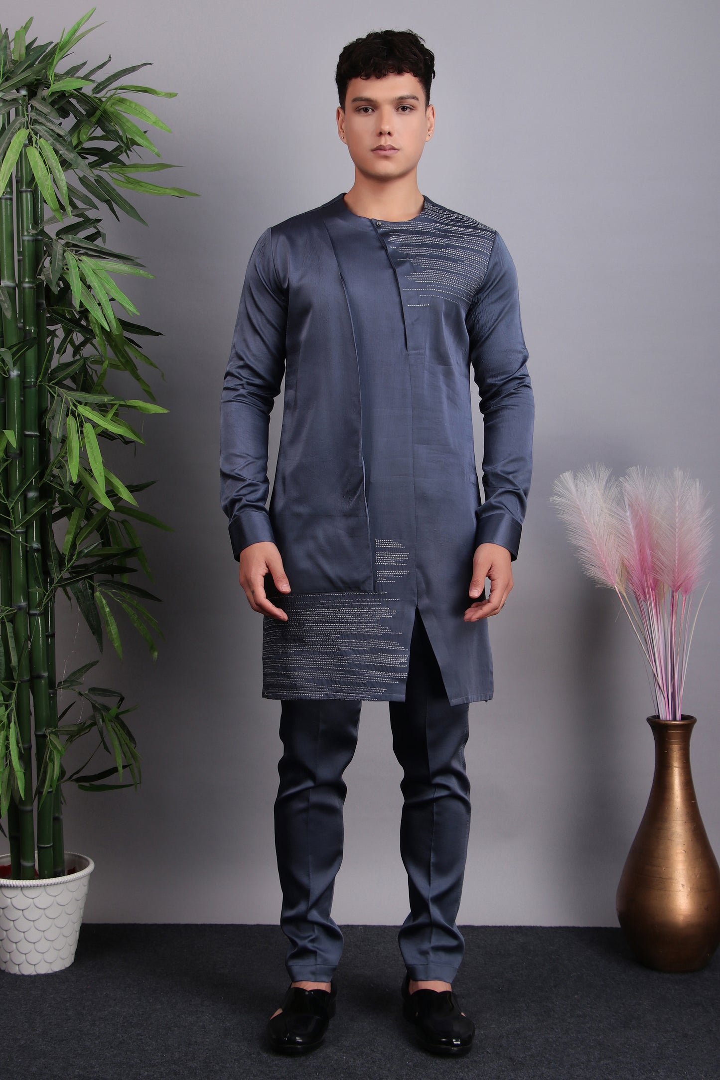 Side view - Men’s Kurta Set – Modal Satin in Grey with Silk Thread Embroidery & Asymmetric Cut
