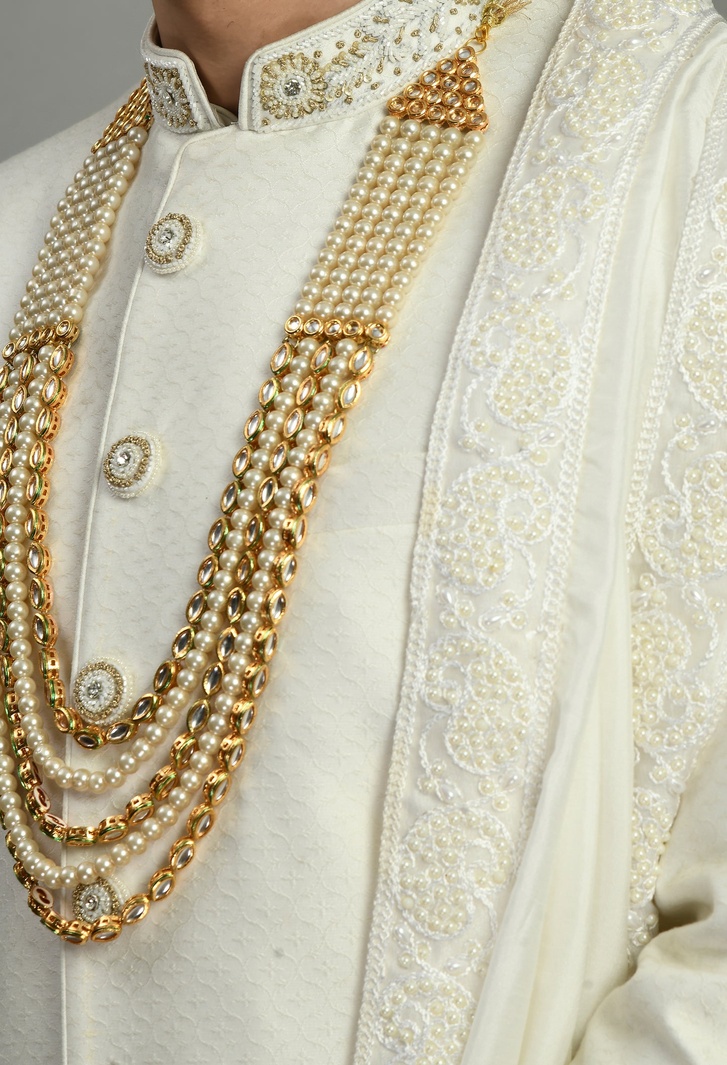 Detail view 2 - Men’s Sherwani – Silk in Ivory with Detailed Hand Embroidery
