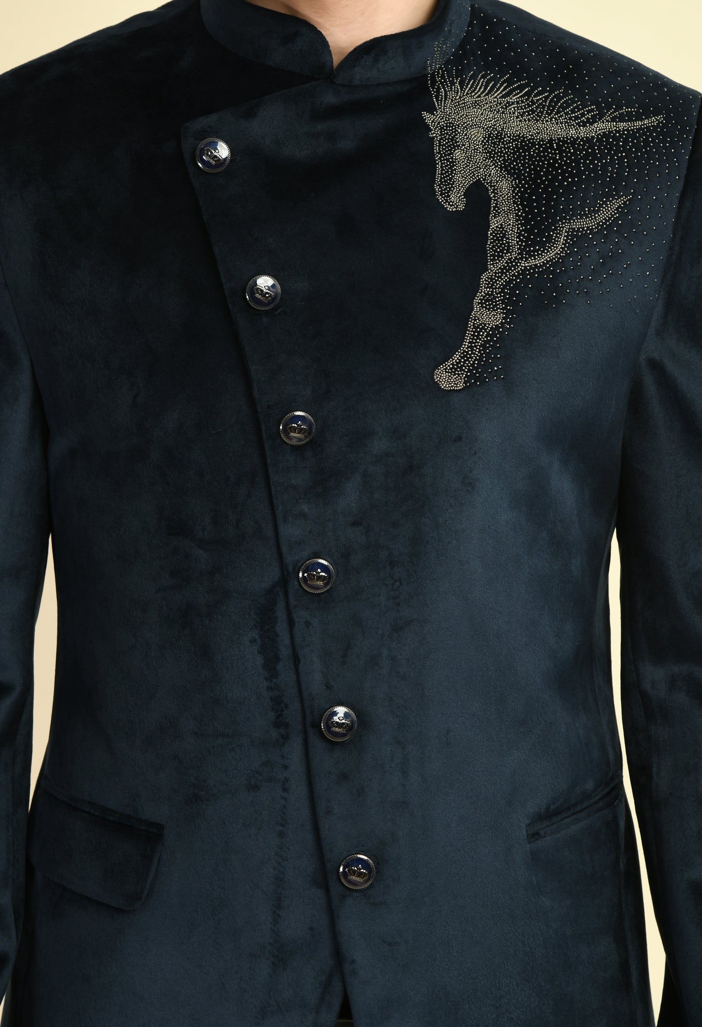 Men’s Bandhgala – Suede Velvet in Navy Blue with Shoulder Placement Embroidery | One Man Show