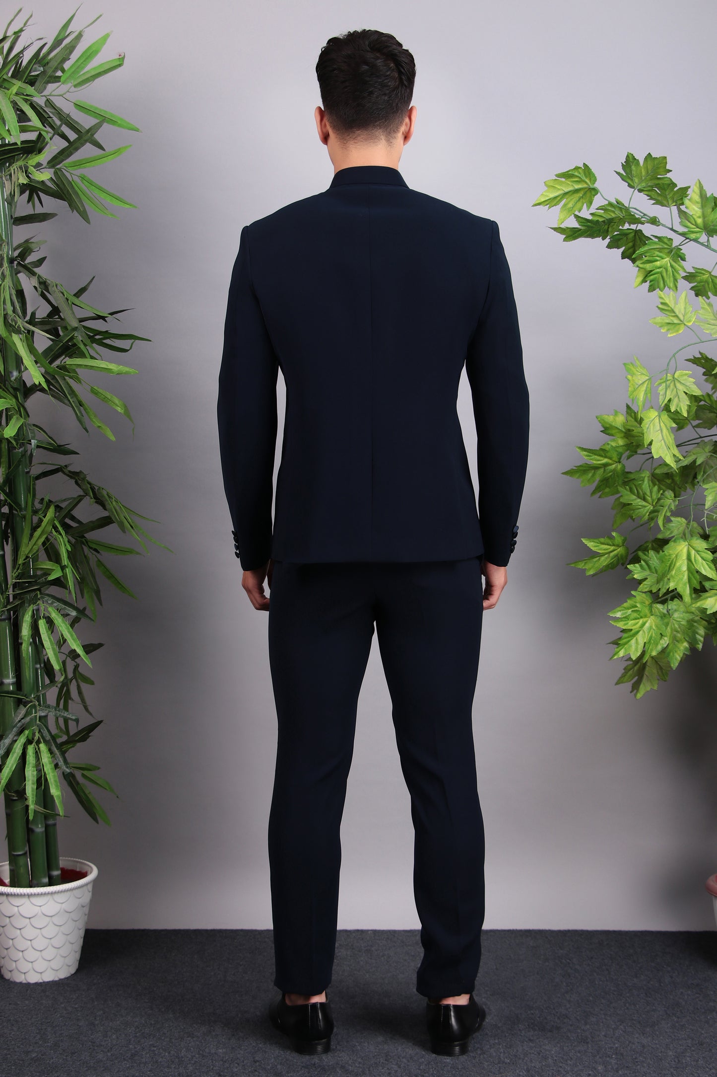 Detail view 5 - Men’s Bandhgala – Japanese Lycra in Navy Blue with Hand Embroidery