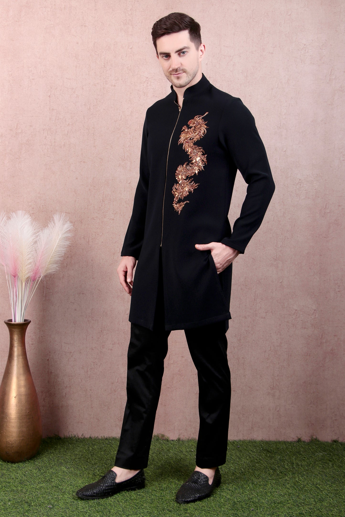Front view - Men’s Kurta Set – Japanese Lycra Zip Front in Black with Zari Motif
