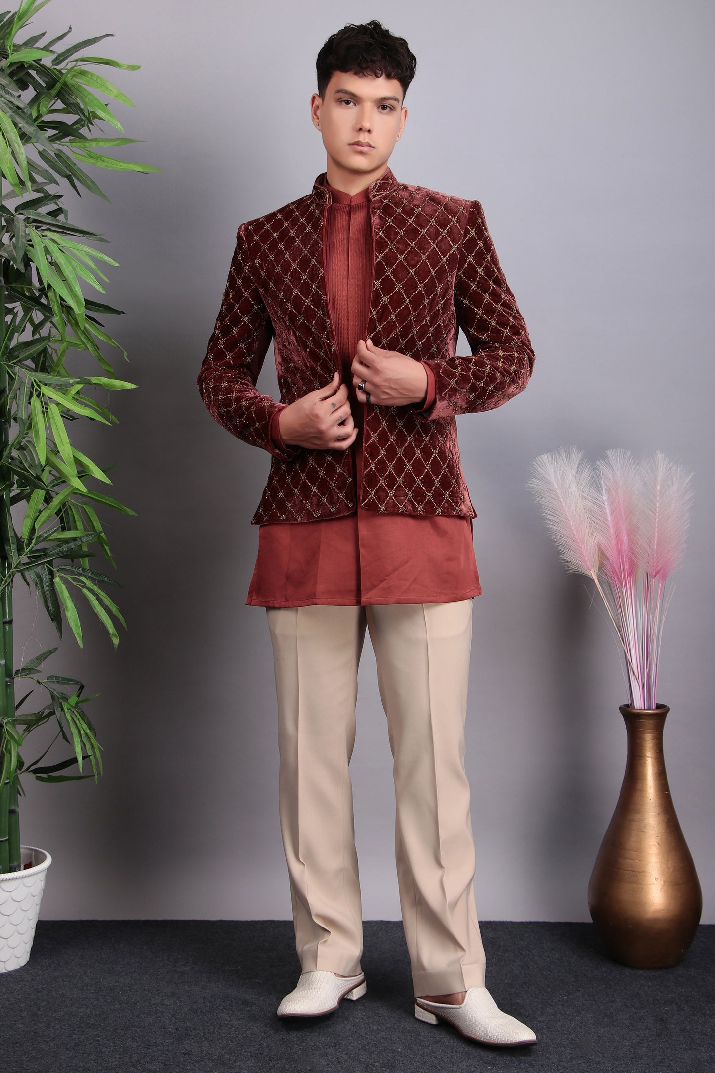Men’s Indo-Western – Velvet Embroidered Fabric in Peach with Geometric Hand Embroidery | One Man Show