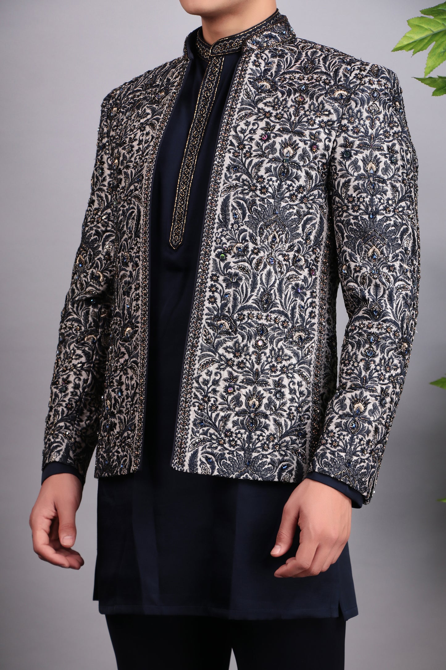 Detail view 3 - Men’s Indo-Western – Silk Embroidered Fabric in Blue with Floral Hand Embroidery