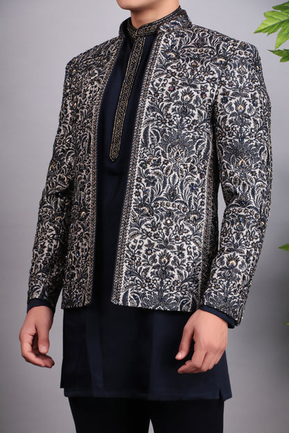 Men’s Indo-Western – Silk Embroidered Fabric in Blue with Floral Hand Embroidery | One Man Show