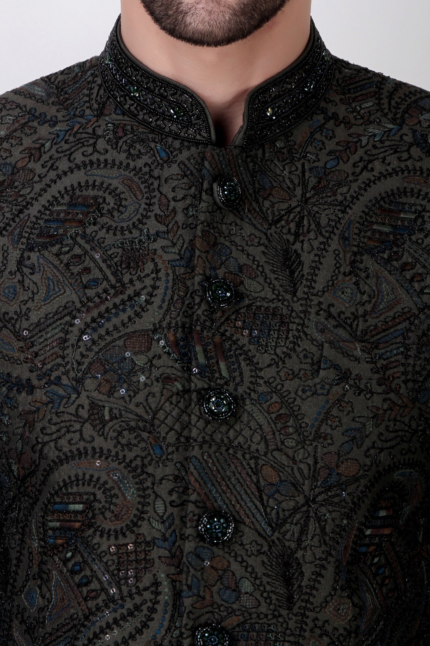Detail view 2 - Men’s Indo-Western – Silk Top in Green with Dori and Silk Thread Embroidery