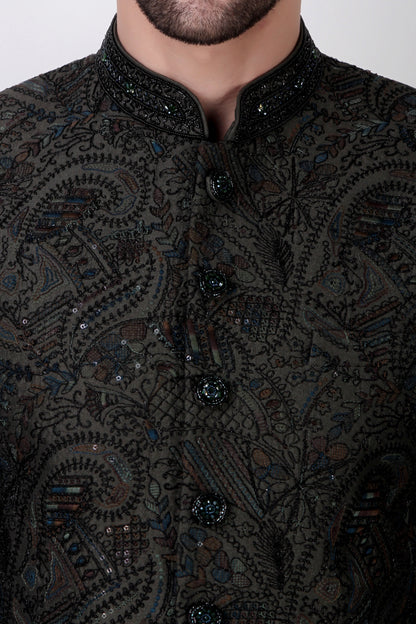 Men’s Indo-Western – Silk Top in Green with Dori and Silk Thread Embroidery | One Man Show