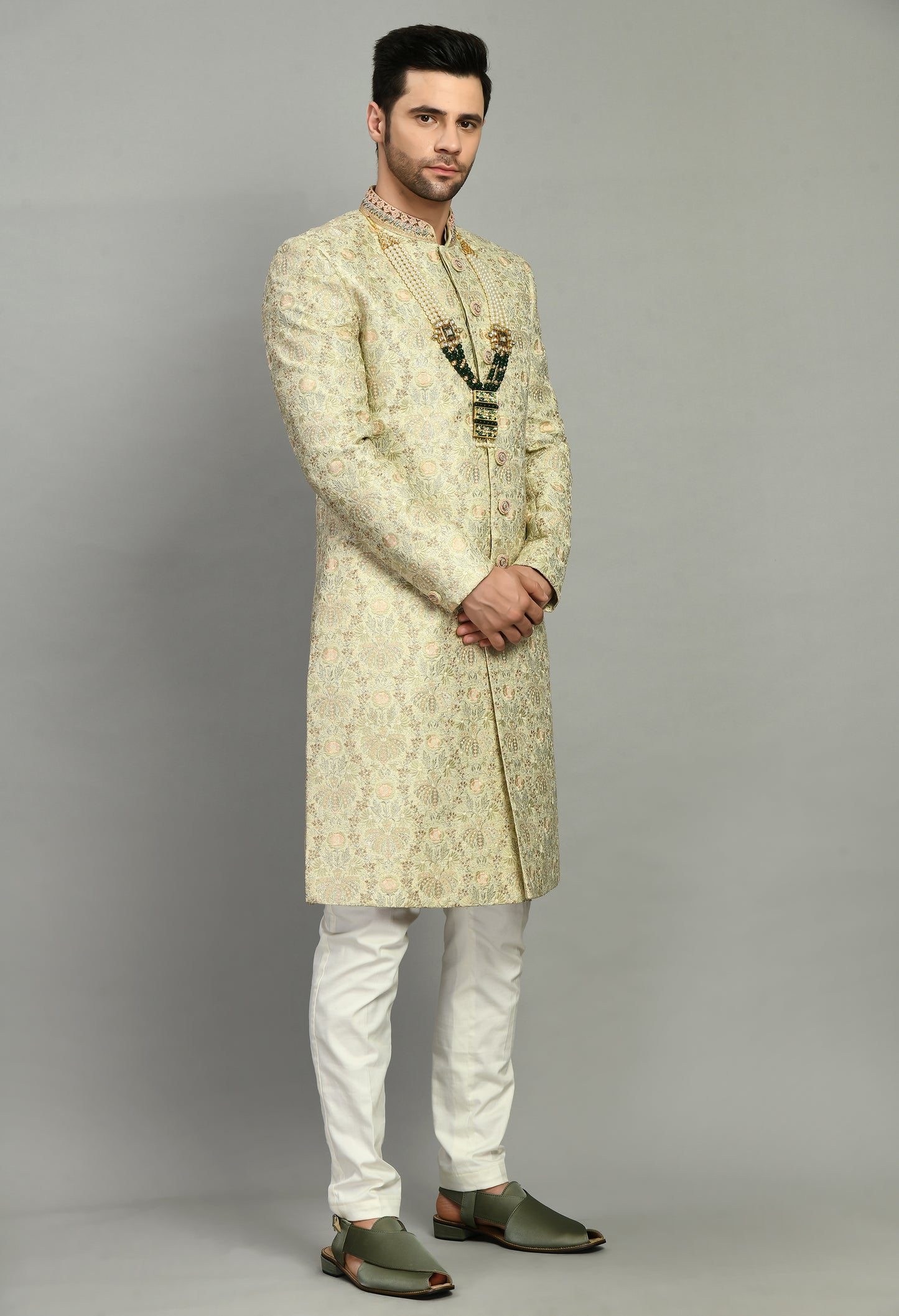 Front view - Men’s Sherwani – Silk in Green with Detailed Hand Embroidery Allover