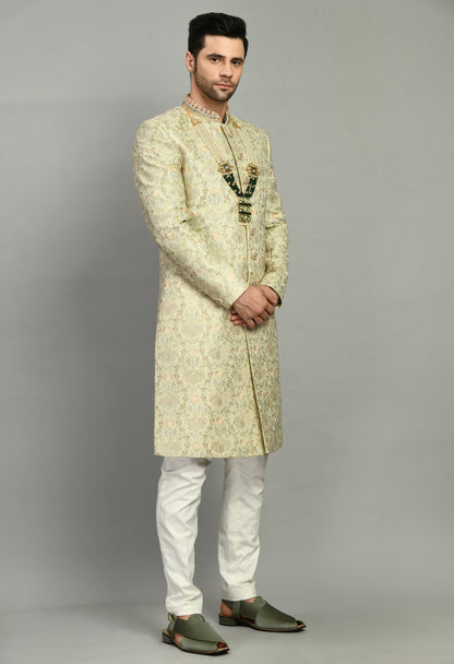 Men’s Sherwani – Silk in Green with Detailed Hand Embroidery Allover | One Man Show