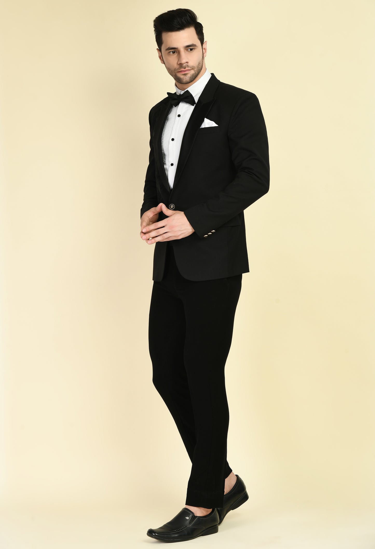 Side view - Men’s Tuxedo – Japanese Lycra in Black with Chest Placement Floral Thread Embroidery