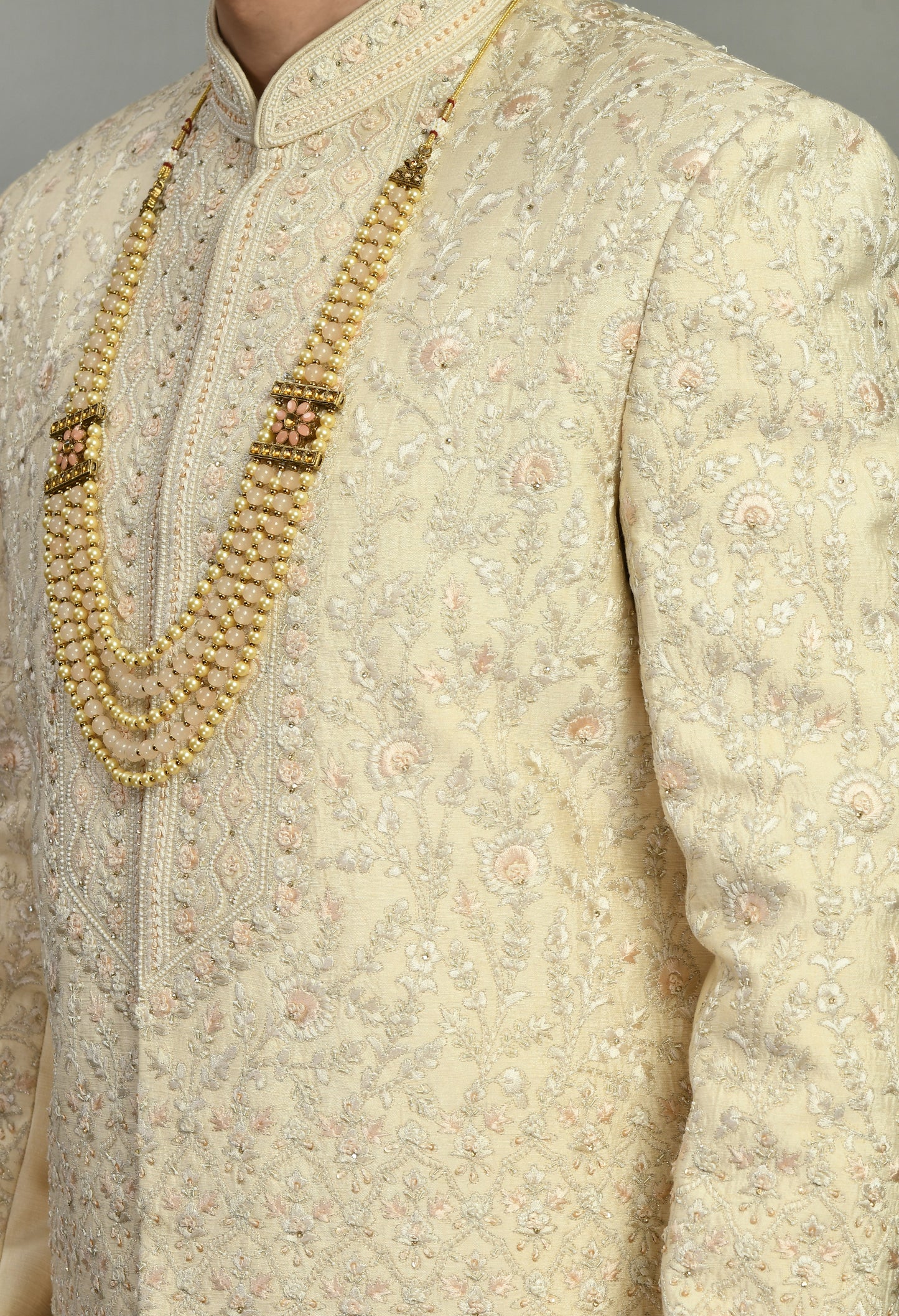 Detail view 1 - Men’s Sherwani – Silk in Cream with Detailed Hand Embroidery
