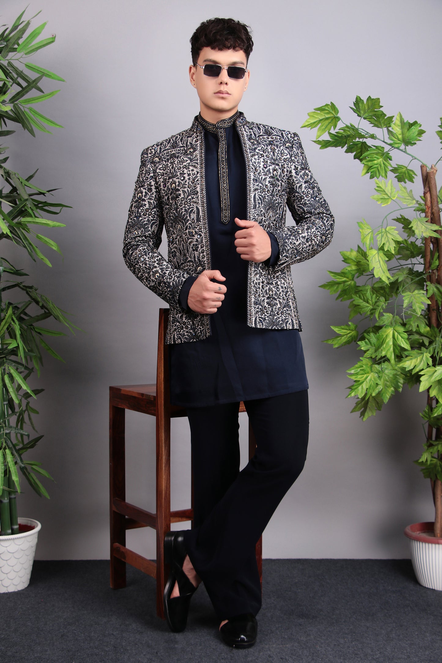 Detail view 1 - Men’s Indo-Western – Silk Embroidered Fabric in Blue with Floral Hand Embroidery