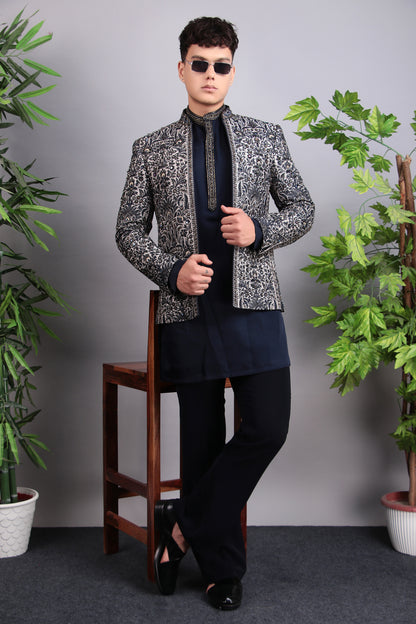 Men’s Indo-Western – Silk Embroidered Fabric in Blue with Floral Hand Embroidery | One Man Show