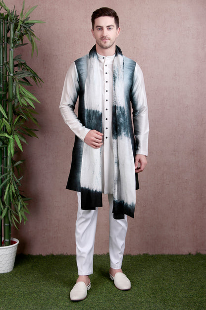 Men’s Kurta Set – Dola Silk in Ivory-Black Ombré with Tie-Dye Detailing | One Man Show