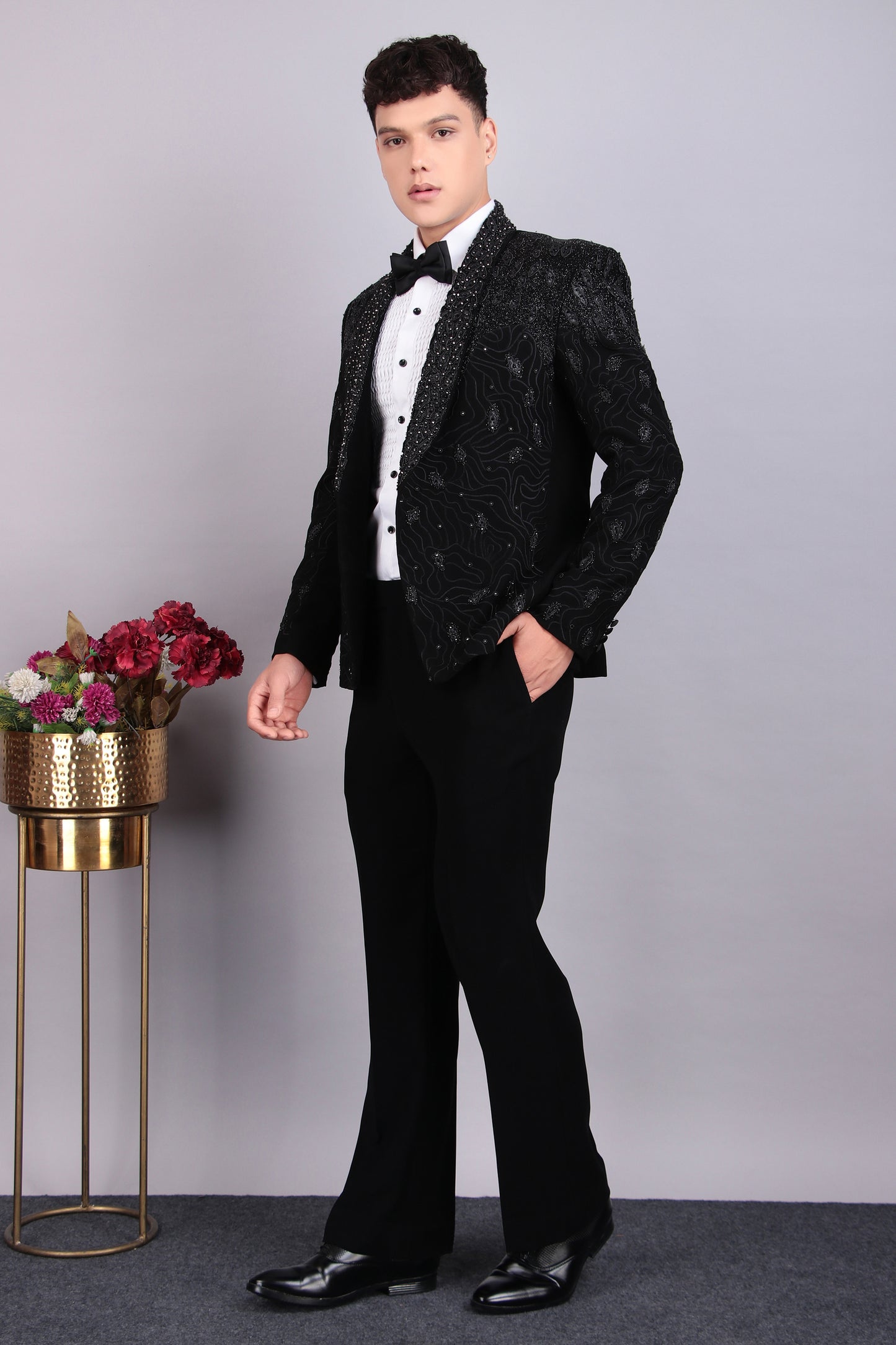 Side view - Men’s Tuxedo – Japanese Lycra in Black with Embroidery and Leather Applique