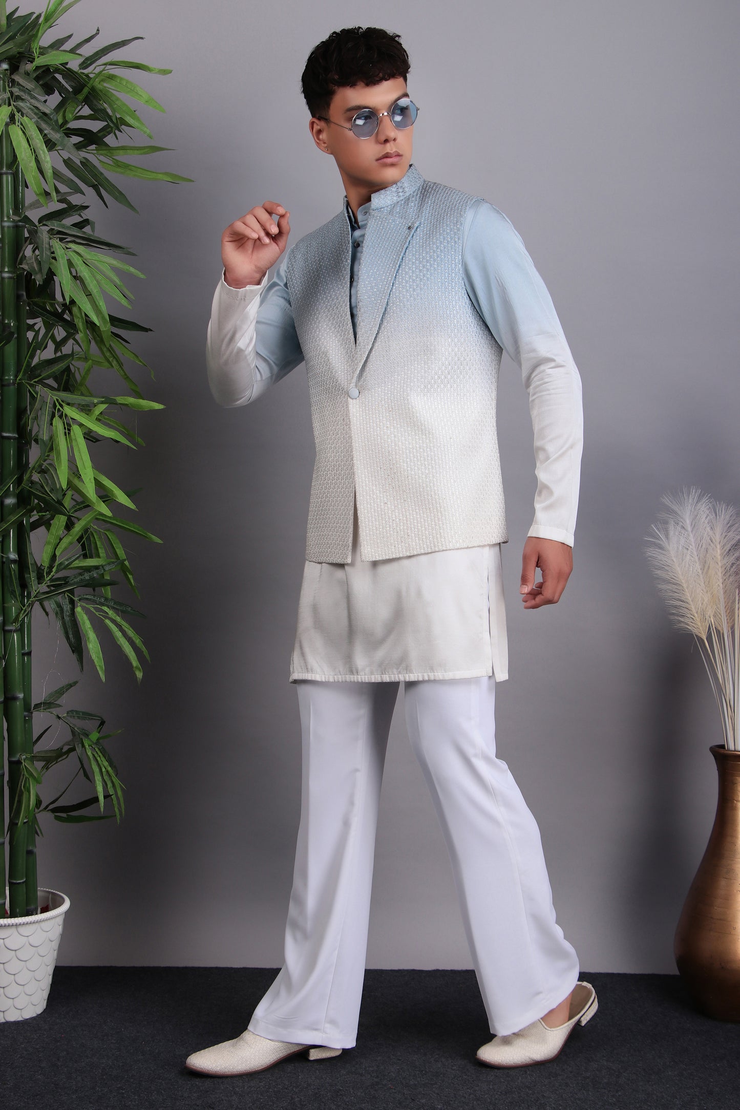 Front view - Men’s Kurta Set – Georgette Embroidered in Blue with Tie and Die Lapel Design