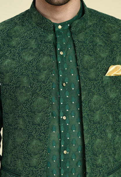 Men’s Nehru Jacket – Silk Georgette in Green with Dori Thread Embroidery | One Man Show