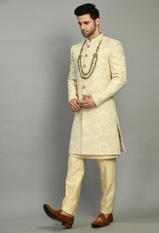 Front view - Men’s Sherwani – Silk in Cream with Detailed Hand Embroidery