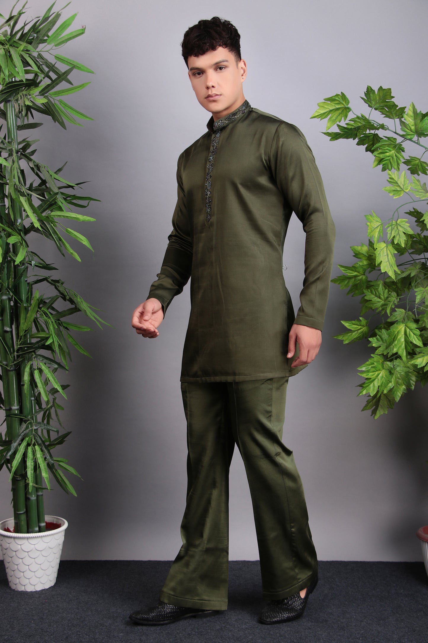 Detail view 5 - Men’s Indo-Western – Velvet Embroidered Fabric in Green with Multi Colored Floral Embroidery
