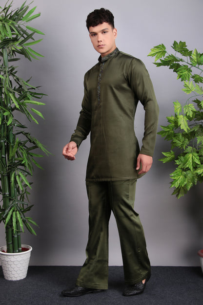 Men’s Indo-Western – Velvet Embroidered Fabric in Green with Multi Colored Floral Embroidery | One Man Show