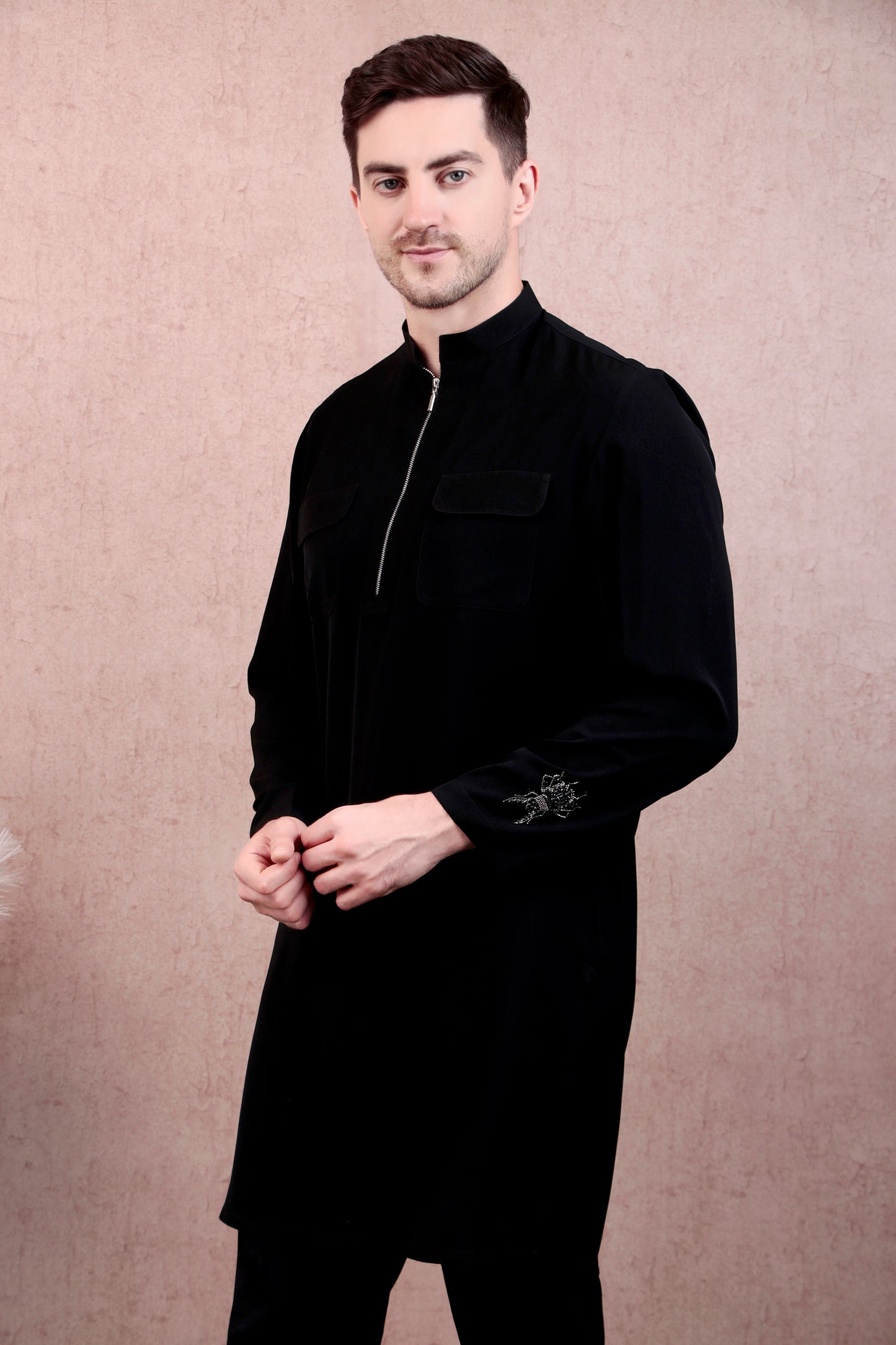 Side view - Men’s Kurta Set – Korean Wrinkle-Free in Black with Bug-Motif Embroidery & Half-Zip