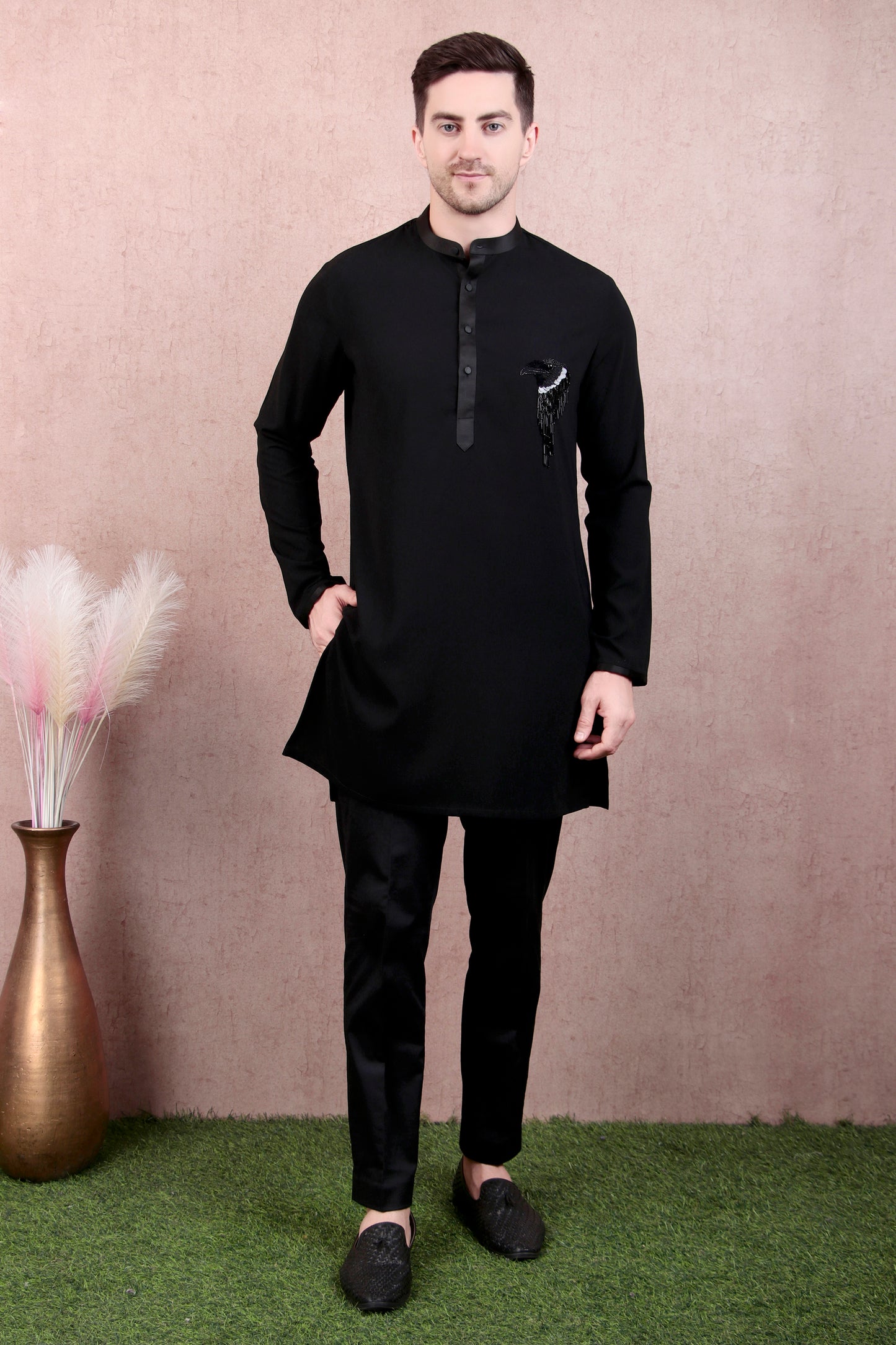 Side view - Men’s Kurta Set – Japanese Lycra in Black with Eagle Motif Hand Embroidery