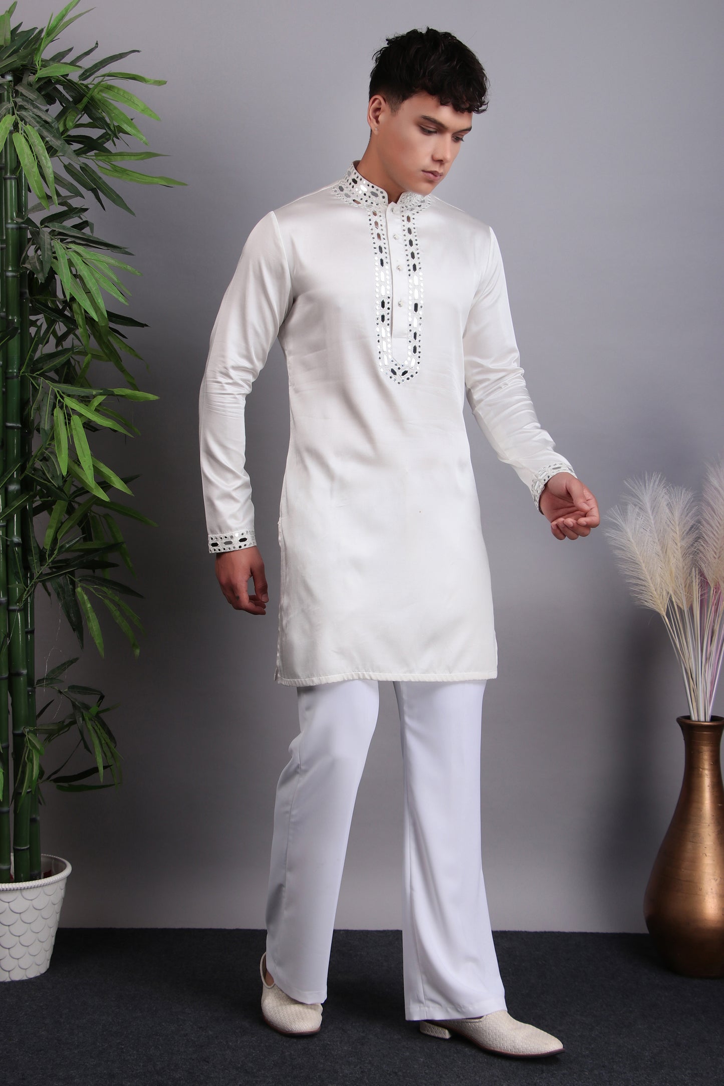 Side view - Men’s Kurta Set – Modal Satin in Blue with Tie and Dye & Silk Thread Embroidery