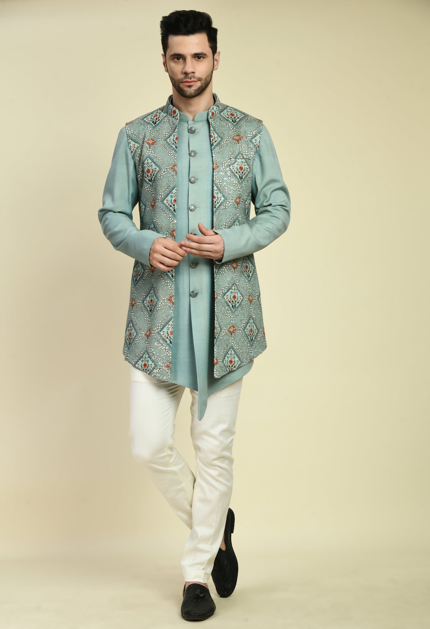 Detail view 1 - Men’s Nehru Jacket – Silk in Blue with Front Open Printed Jacket