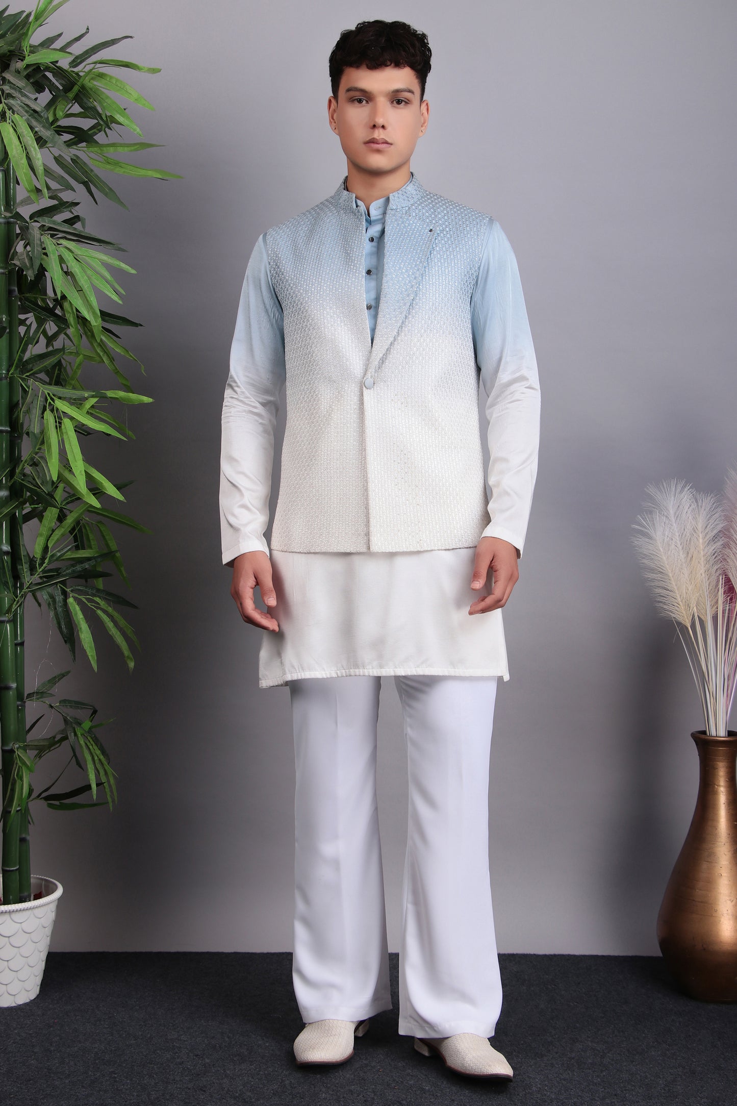 Side view - Men’s Kurta Set – Georgette Embroidered in Blue with Tie and Die Lapel Design