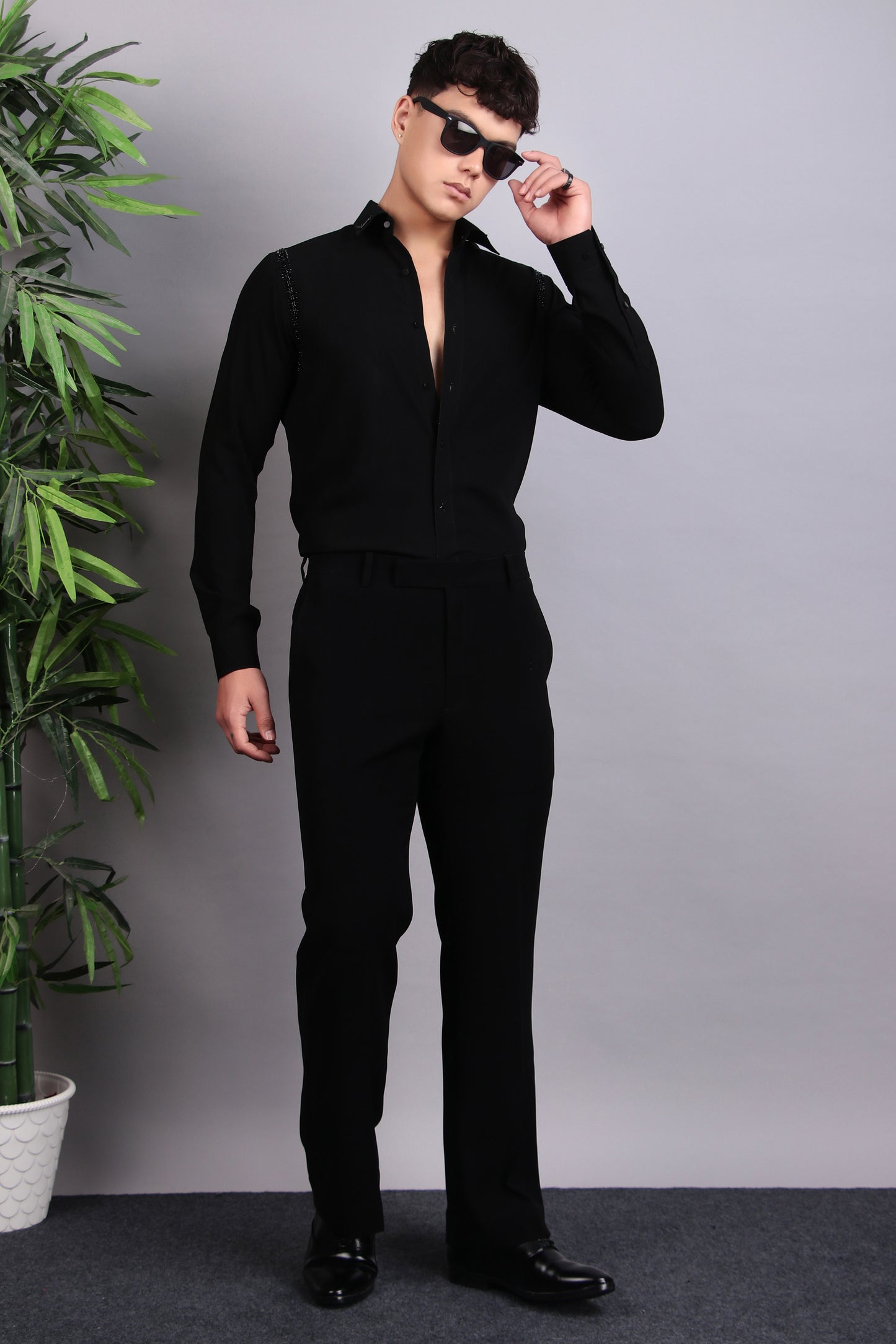 Men’s Shirt – Korean Wrinkle Free in Black with Shoulder Embroidery | One Man Show
