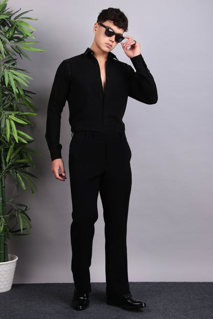 Men’s Shirt – Korean Wrinkle Free in Black with Shoulder Embroidery | One Man Show