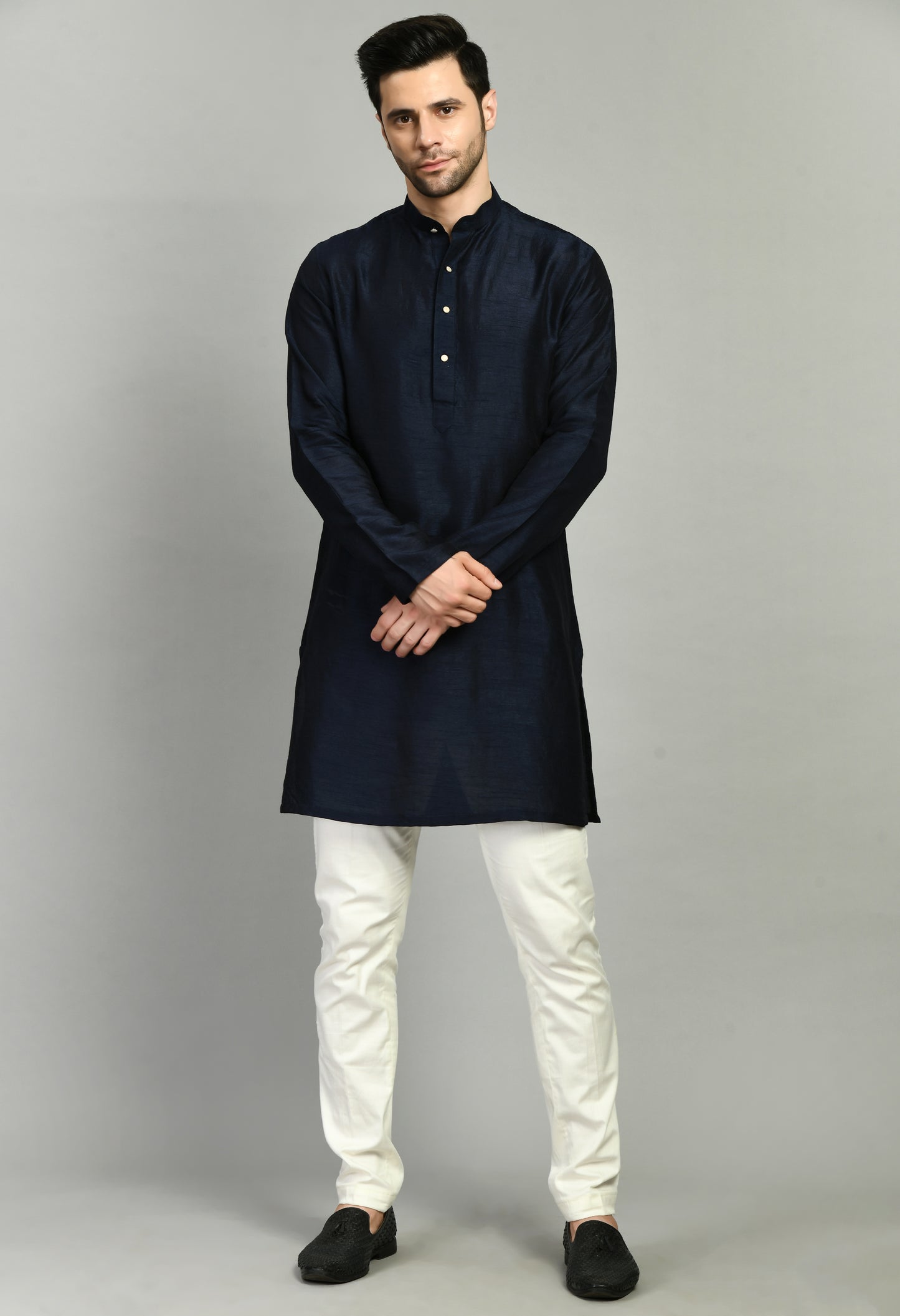 Front view - Men’s Nehru Jacket – Silk Modal in Navy Blue with Shurg Style Jacket