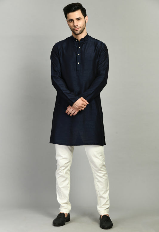 Front view - Men’s Nehru Jacket – Silk Modal in Navy Blue with Shurg Style Jacket