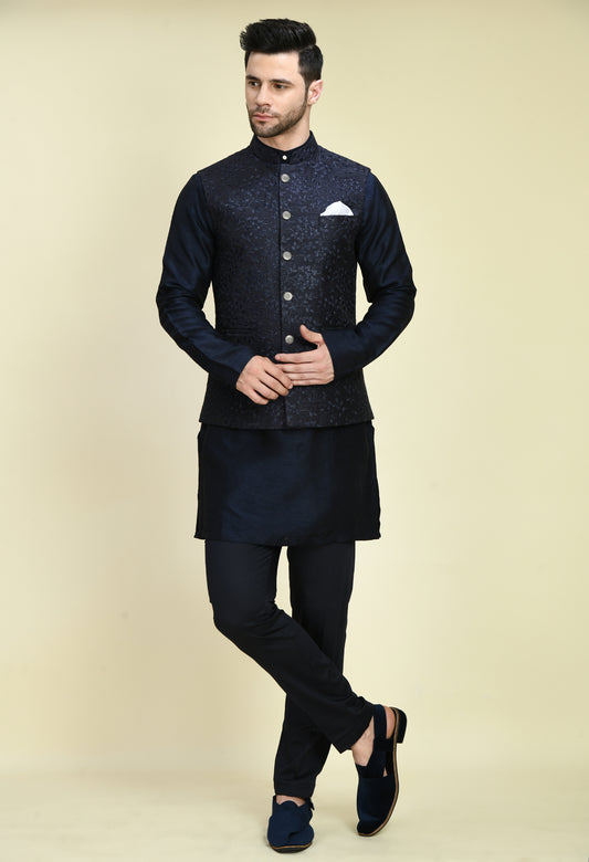 Front view - Men’s Nehru Jacket – Silk in Blue with Silk Thread Embroidery