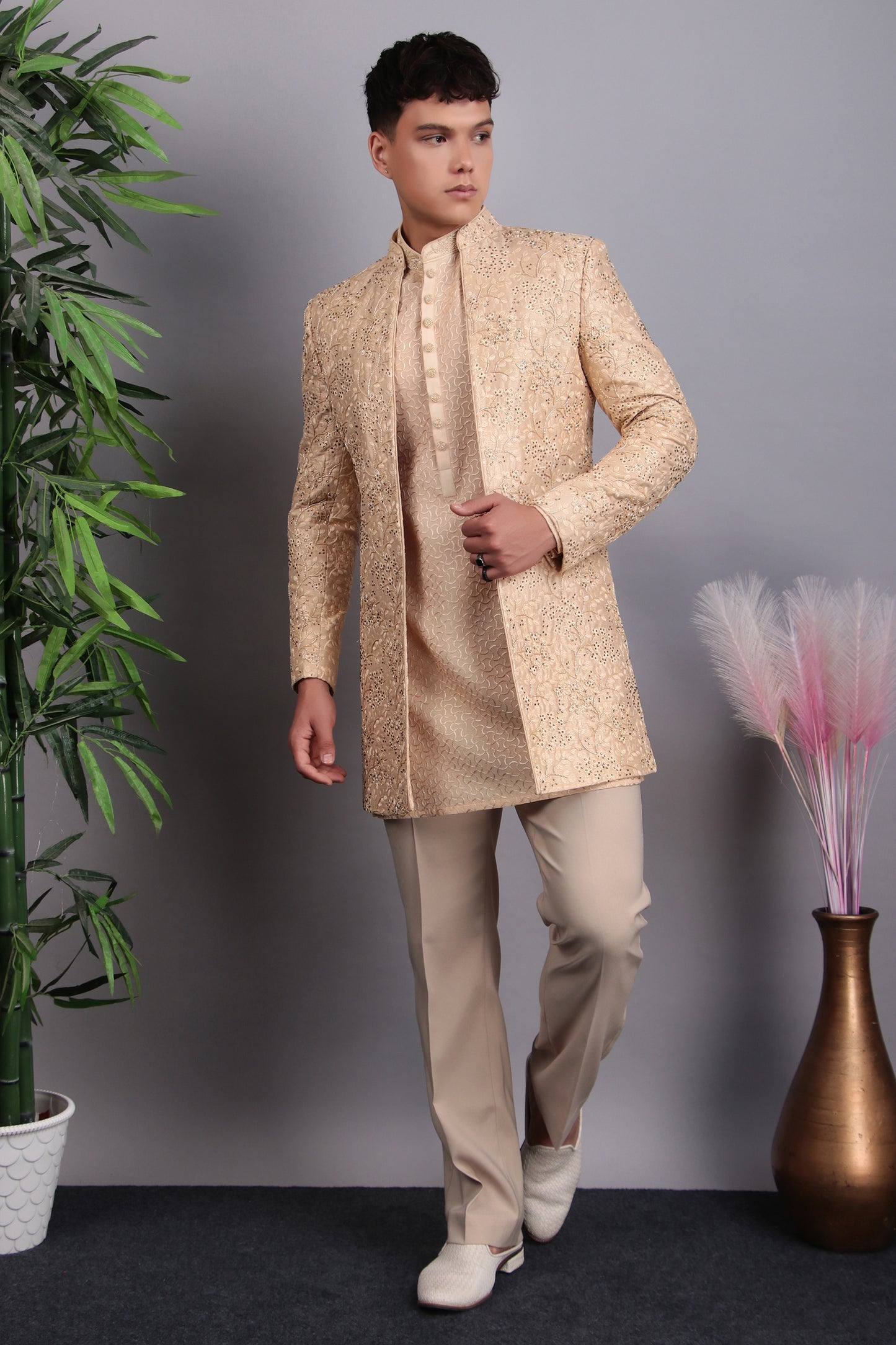 Back view - Men’s Indo-Western – Silk Embroidered Fabric in Beige with Floral Hand Embroidery