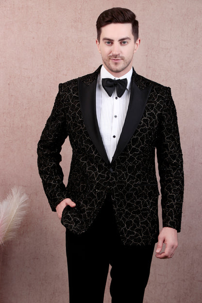 Men’s Tuxedo – Japanese Lycra in Black with Abstract Zari Embroidery | One Man Show