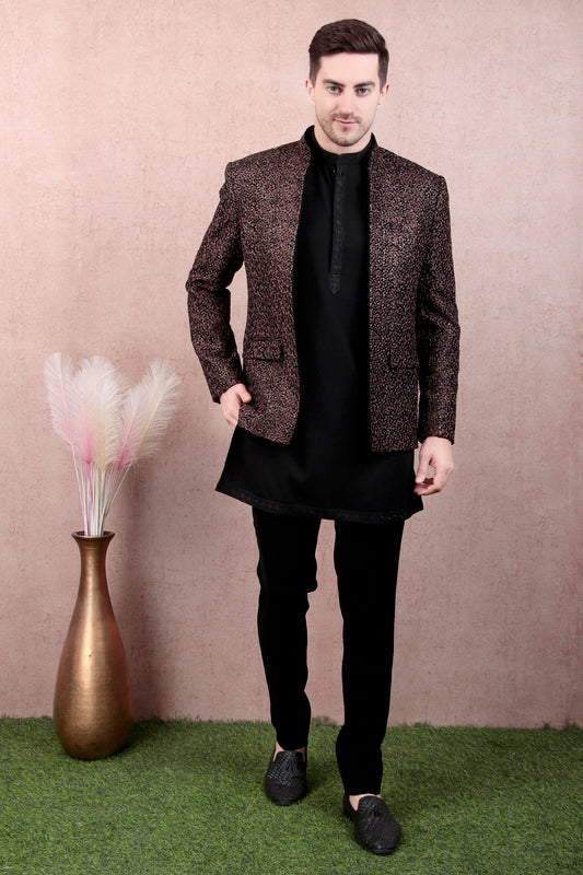 Men’s Kurta Set – Silk in Brown with Abstract Silk Thread & Hand Embroidery Jacket over Japanese Lycra Kurta | One Man Show