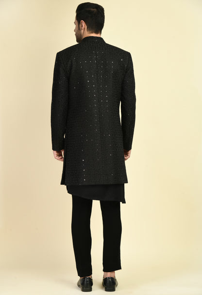 Men’s Indo-Western – Silk Georgette in Black with Front Open Self Sequins Embroidery | One Man Show
